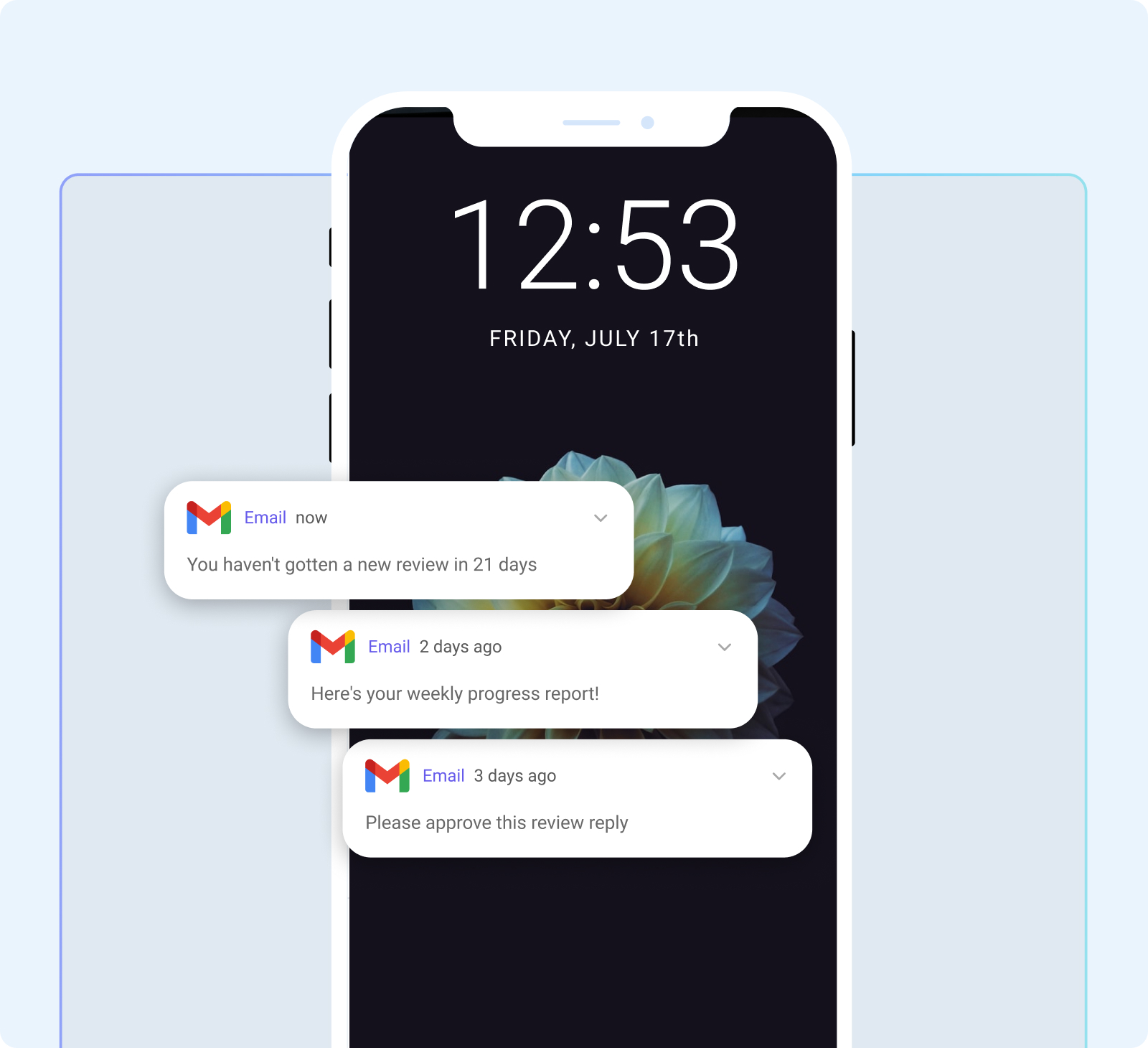 Illustration of review reminders, progress updates, and approval emails